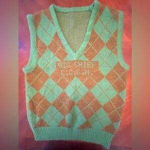 Vintage Handknit Argyle Vest Green Brown LARGE